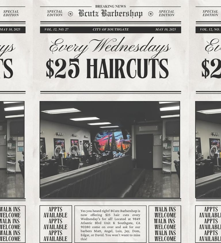 Brutz Barbershop newspaper advertisement featuring interior shop photo with neon signs, promoting $25 Wednesday haircuts
