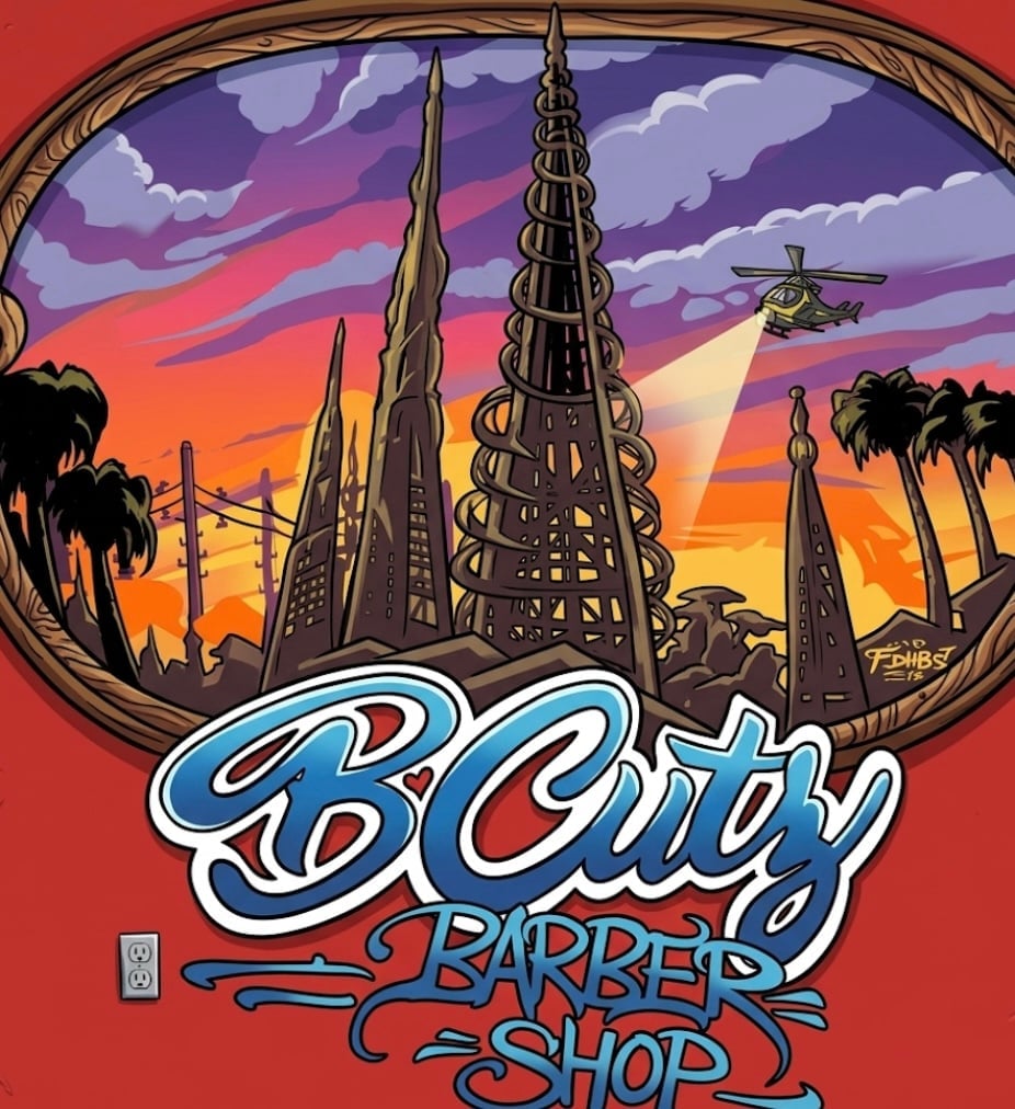 Retro City Barber Shop logo featuring futuristic towers at sunset with palm trees and an airplane in a circular frame