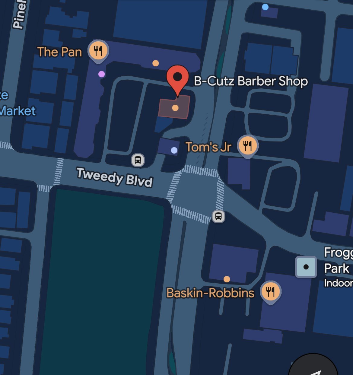 Map view showing B-Cutz Barber Shop marked with red pin, surrounded by Tweedy Boulevard, Toms Jr, Baskin-Robbins, and other local landmarks